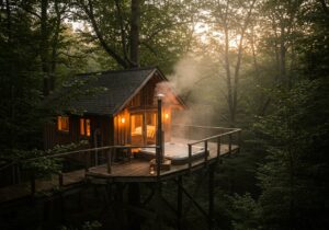 Vivez un rêve éveillé unique en séjournant dans une cabane dans les arbres avec jacuzzi.